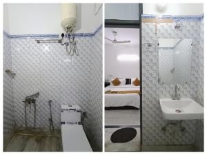 2 fotos de un baño con lavabo y ducha en Hotel Hauz Khas Fort View en Nueva Delhi