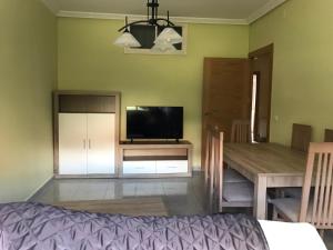 a living room with a dining table and a television at Casa Intramuros Zamora in Zamora