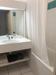 a bathroom with a sink and a mirror and a shower at Grand studio style bordelais dans le triangle d'or in Bordeaux