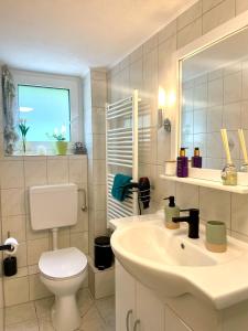 a bathroom with a sink and a toilet and a window at Talblick Chalet Blankenheim in Blankenheim +7 photos