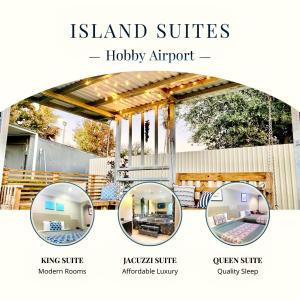 un collage de imágenes de un israel cambia el aeropuerto de vacaciones en Island Suites Hobby Airport, en Houston