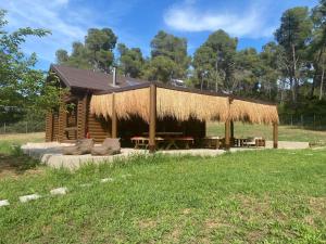 a cabin with a picnic table and a grass roof at Wood house Halkidiki in Nea Fokea