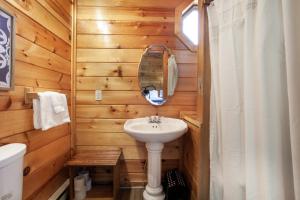 a bathroom with a sink and a mirror at Scenic Seclusion w Hot Tub View PuttPutt More in Sevierville +58 photos
