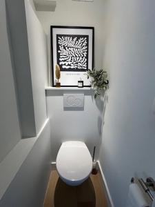 een badkamer met een toilet en een schilderij aan de muur bij Beach Suite Leonie Koksijde met zeezicht in Koksijde