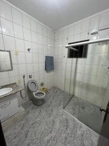 a bathroom with a shower and a toilet and a sink at Apartamento Aconchegante Centro! in Alfenas +7 photos