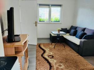 uma sala de estar com um sofá e uma televisão em Apartman Mir em Visoko