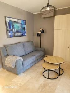 a living room with a blue couch and a table at Maison charmante à Saint-Michel-l'Observatoire avec jardin in Saint-Michel-lʼObservatoire