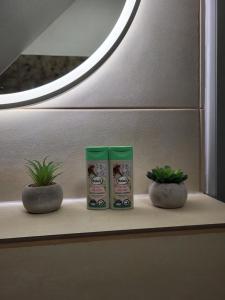 two green containers sitting on a shelf with two plants at Näher Messe und Flughafen 3 in Düsseldorf