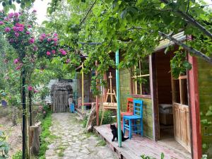 a garden with a house with chairs and flowers at Philosophy Hotel in Uchisar