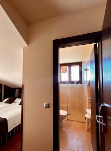 ein Bad mit einer Dusche, einem WC und einem Bett in der Unterkunft Apartamentos Rurales L'Arquera in Llanes