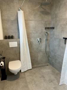 a bathroom with a shower with a toilet and a shower curtain at Zentrale Wohnung 3 - Kostenloser Parkplatz - HDZ - Bali Therme - GOP in Bad Oeynhausen