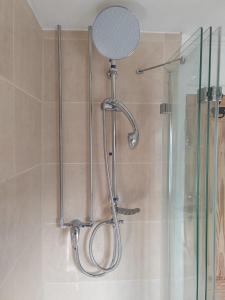 La salle de bains est pourvue d'une douche avec un pommeau de douche. dans l'établissement Chocolates&Flowers, à Leverstock Green