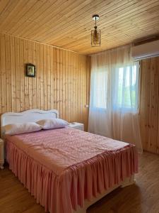 ein Schlafzimmer mit einem Bett und einem Fenster in einem Zimmer in der Unterkunft Guesthouse SANIKO in Martvili