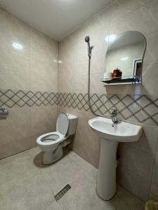 La salle de bains est pourvue de toilettes et d'un lavabo. dans l'établissement Guesthouse SANIKO, à Martvili