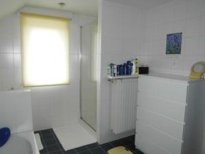 bagno bianco con doccia e lavandino di Chez Paul a Ypres