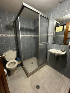 a bathroom with a shower and a toilet and a sink at Finca Bendita Caña in Villeta