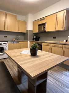 eine Küche mit einem Holztisch und einer Topfpflanze darauf in der Unterkunft Rheinblick Appartements in Remagen