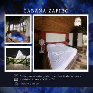 een collage van foto's van een bed in een kamer bij EcoHostal Rio Piedra in El Zaino