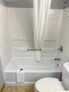 een witte badkamer met een toilet en een douche bij Americas Best Value Inn and Suites Albemarle in Albemarle
