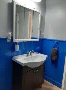 a blue bathroom with a sink and a mirror at Close to center in Winnipeg