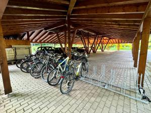 FeWo Fuchs Saig في لينزكيرش: مجموعة من الدراجات متوقفة تحت مبنى