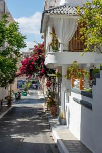 Une allée avec des plantes en pot sur le côté d'un bâtiment dans l'établissement Menemar Suite & Apt, By IdealStay Experience, à Agios Nikolaos
