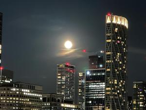 Una vista del horizonte de una ciudad por la noche con la luna. en Westferry, en Londres 16 fotos más