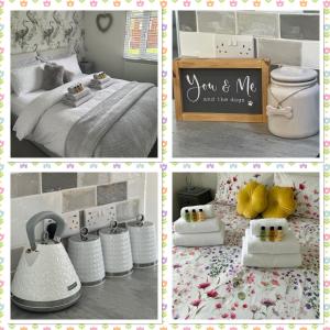 a collage of four pictures of a bedroom with a bed at Lakeview Lodge, Builth Wells (pet friendly) in Builth Wells