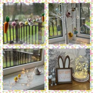 un collage de fotos de una ventana con decoraciones de Pascua en Lakeview Lodge, Builth Wells (pet friendly), en Builth Wells