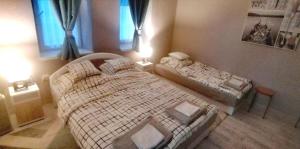 a small bedroom with two beds and a window at Dézsa-vü Vendégház in Sarud