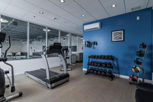 a gym with exercise equipment and a blue wall at Holiday Inn Express Hotel & Suites Saint - Hyacinthe by IHG in Saint-Hyacinthe