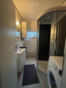 a bathroom with a sink and a washing machine at Ferienhaus Usedom Familie Stopp Haus 23 in Lütow
