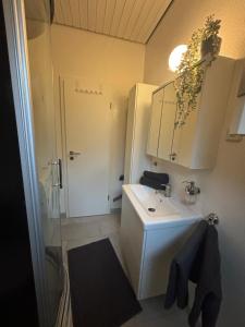 a bathroom with a white sink and a mirror at Ferienhaus Usedom Familie Stopp Haus 23 in Lütow