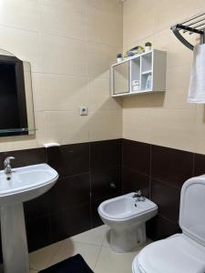 uma casa de banho com um WC e um lavatório em Marina apartment em Tânger