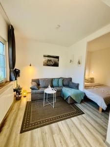 LütowにあるFerienwohnung Usedom Familie Stopp Apartment 23aのソファとベッドのあるリビングルーム