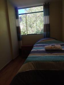 ein kleines Schlafzimmer mit einem Bett und einem Fenster in der Unterkunft Hotel El Gran Valletero in Cotahuasi