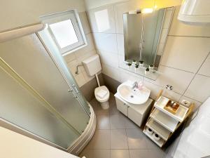 a bathroom with a shower and a toilet and a sink at Hvar Sunny hill in Hvar