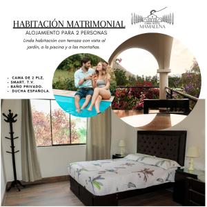 a collage of photos of a bedroom with a man and a woman at Casa Hotel Mamaluna in Lunahuaná