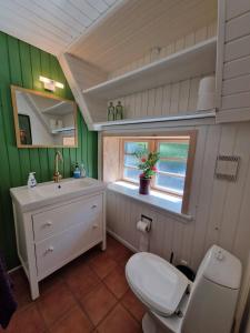une salle de bain avec toilettes, lavabo et fenêtre dans l'établissement Family-Friendly Coastal Cottage, à Henne