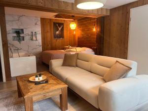 un salon avec un canapé et un lit dans l'établissement Hohneck - Studio de Montagne La Bresse / Gerardmer, à La Bresse