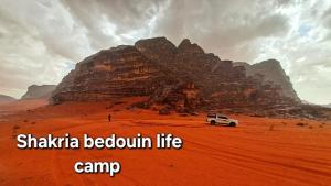 Un camión blanco en el desierto con una montaña en Shakria Bedouin Life Camp en Wadi Rum