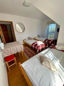 a small room with two beds and a mirror at Pensiunea Agroturistica Casa Tarta 