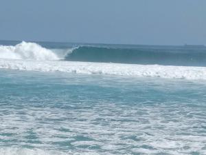 a wave in the ocean with a person riding a surfboard at T&T Homestay in Kuta Lombok