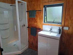 W łazience znajduje się umywalka i prysznic. w obiekcie Crinkly Cottage w mieście Te Kuiti