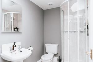 een badkamer met een toilet, een wastafel en een douche bij The Butterleigh Inn in Cullompton