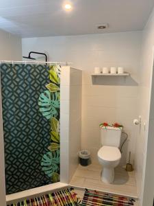 a bathroom with a toilet and a shower curtain at A TOMO MAI Homestay in Faaa