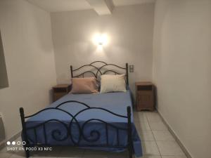 a bedroom with a bed with blue sheets and pillows at Charmante maison de village cessenon sur Orb in Cessenon