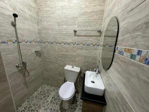 une salle de bain avec toilettes, lavabo et miroir dans l'établissement Rossoul Appartement, à Cotonou