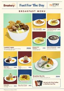 un collage di immagini di cibo per il menù della colazione del giorno di mySTAY Hotel BGC East a Manila