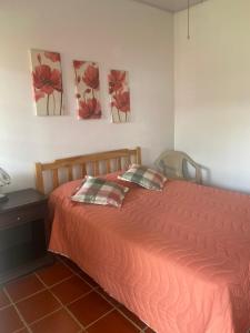 um quarto com uma cama com lençóis vermelhos e duas almofadas em La Casa de Luzma em Pueblo Bello
